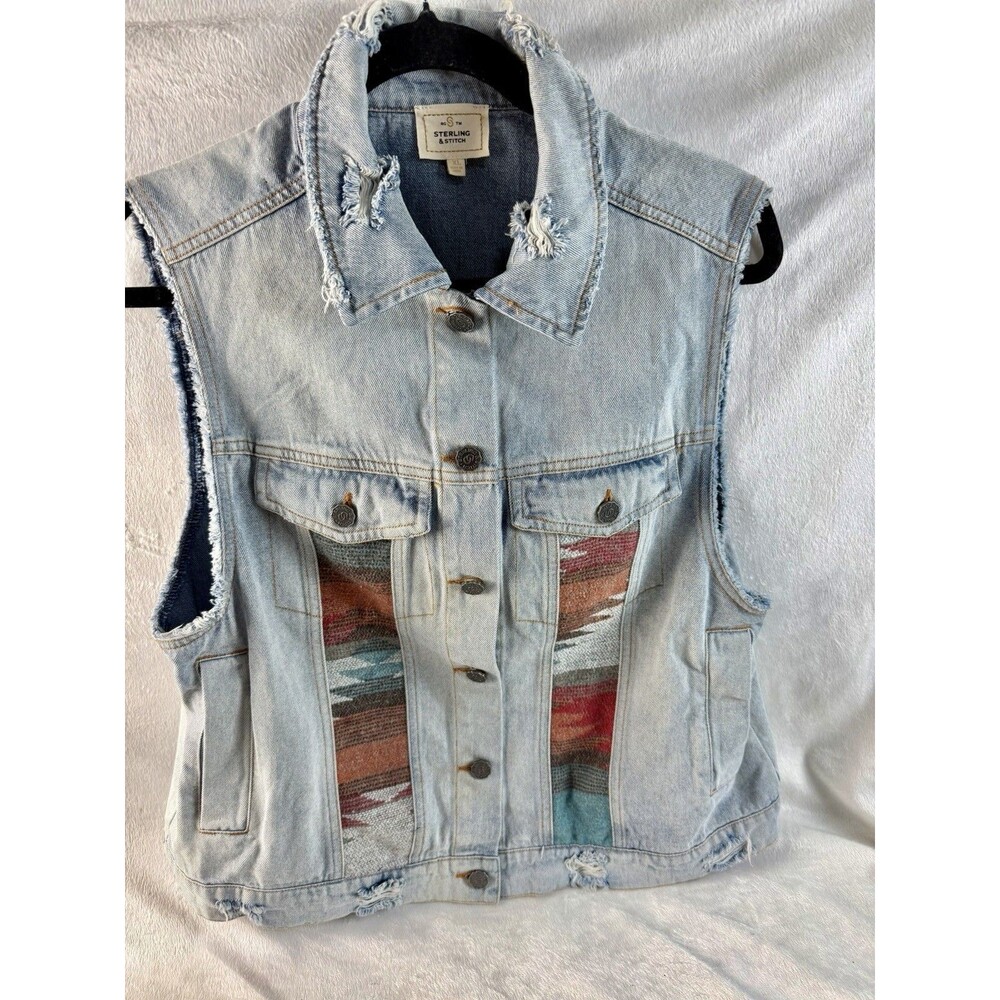Sterling & Stitch Jean Vest Size XLPale Blue Denim Inlaid Southwestern Fabric